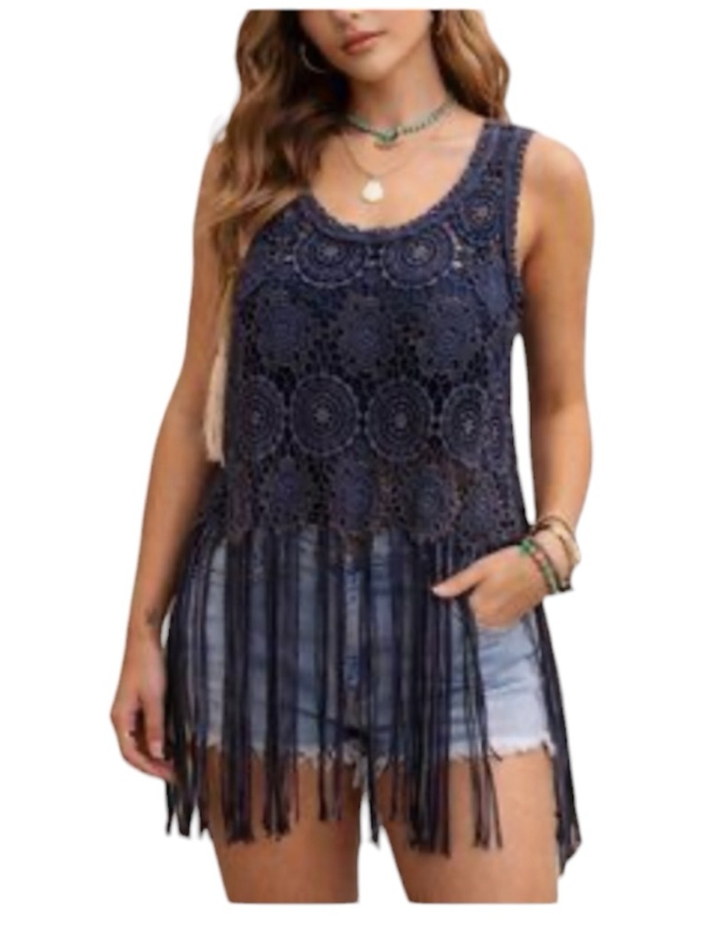 Bke Gimmicks Fringe Lace Tank Top Cotton Navy Blue Size XS